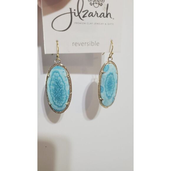 Jilzarah Mandala Polymer Clay Blue Oval Drop Earrings Reversible Gold hardware - Picture 4 of 5